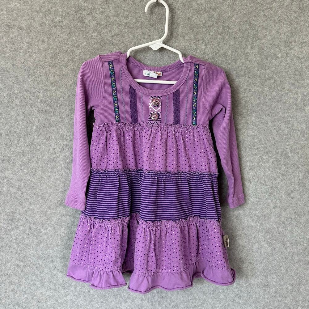 Naartjie Kids Dress Girls XS 3T Corduroy Purple Stripe Polka Dot Tiered Ruffle